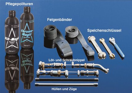 Aluminumpolitur, Felgenbänder, Speichernschlüssel, Lötnippel, Schraubnippen, Hüllen und Züge.